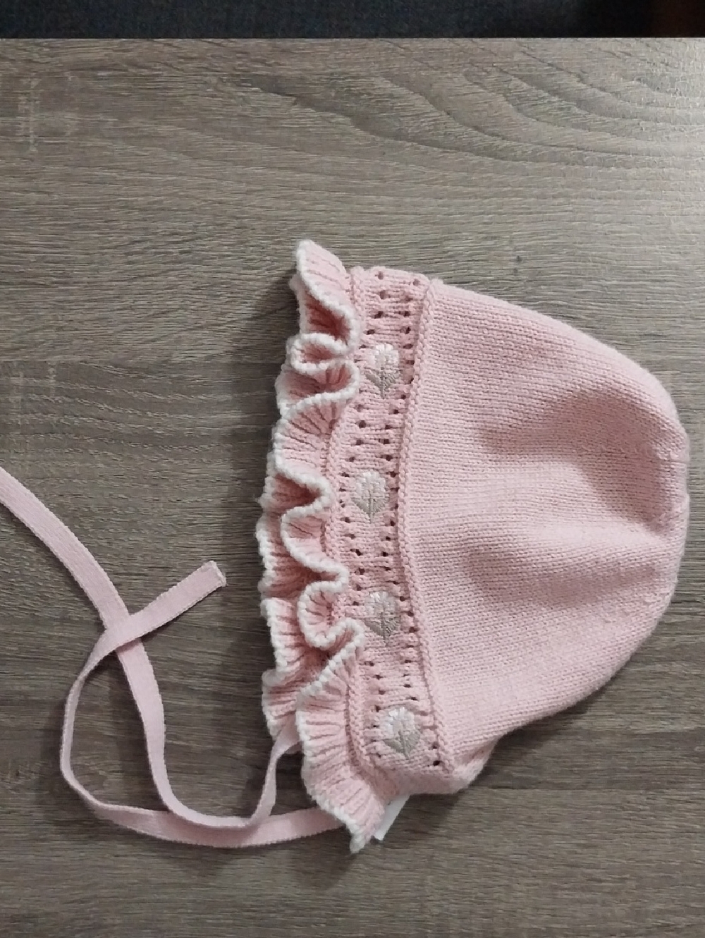 Pioneer Knitwears Pink Knit Ruffle Bonnet with Tie Straps